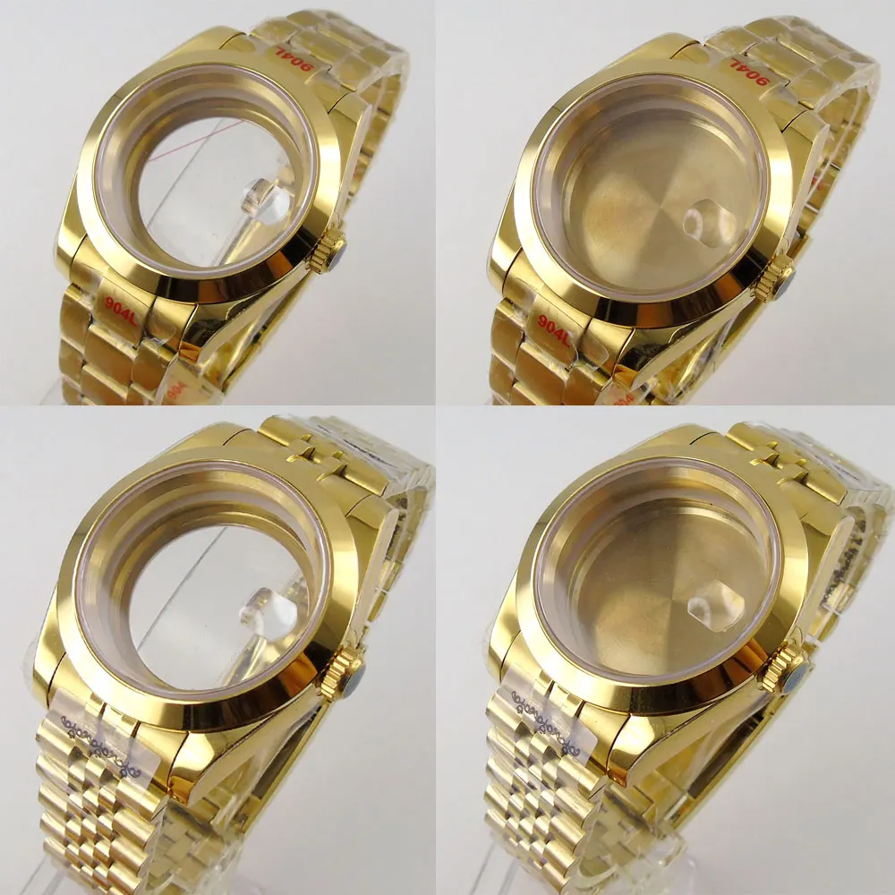 40mm Gold Watch Case Polished sapphire glass transparent back fit 2836 NH35 NH36 Mingzhu DG2813 3804 Miyota8205 821A movement