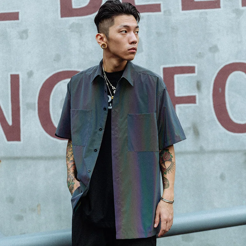 Мужская Светоотражающая рубашка с карманом лазерная Радужная пляжная в стиле