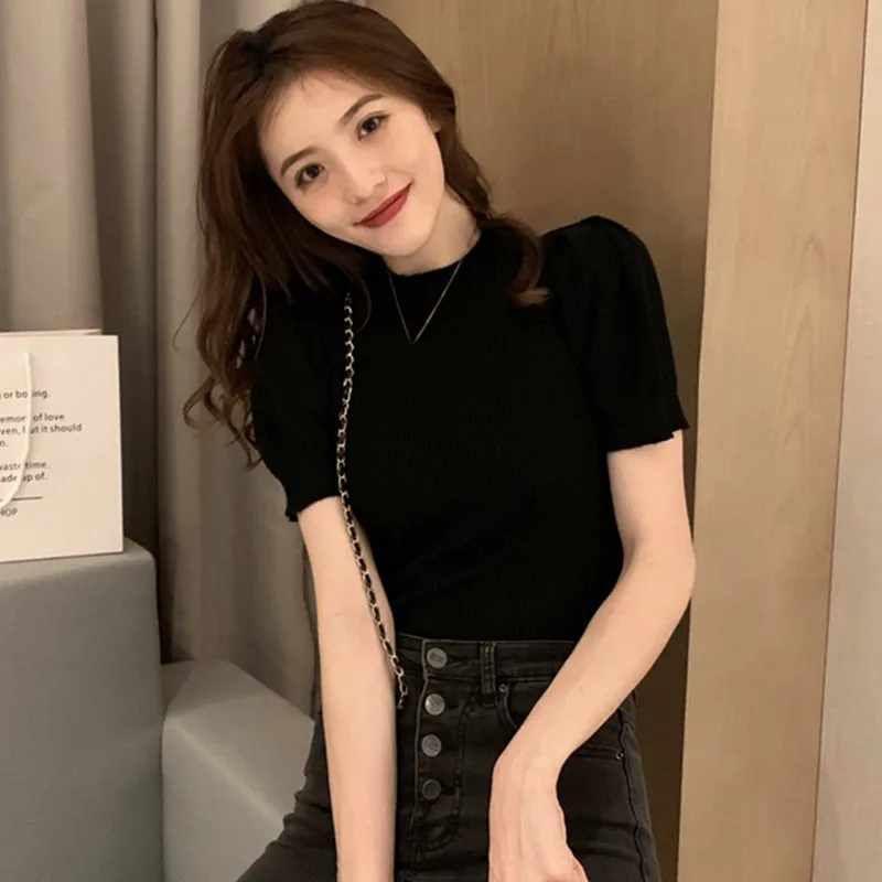 

Women's Solid Half Turtleneck Fashion Slim Puff Sleeve Knitted T-Shirt