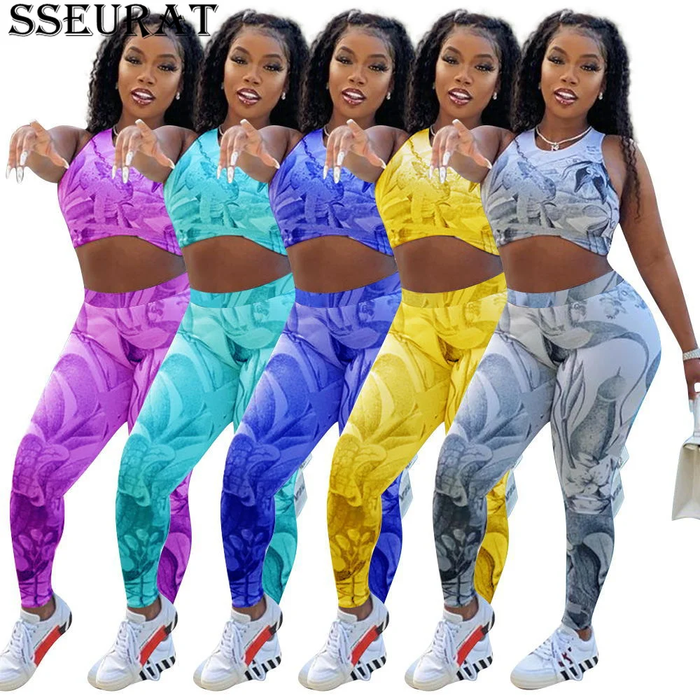 

SSEURAT Printed Women's Sport Suits Summer Clothes Sleeveless Workout Tank Top and Sweatpant Jogging Femme 2 Piece Set