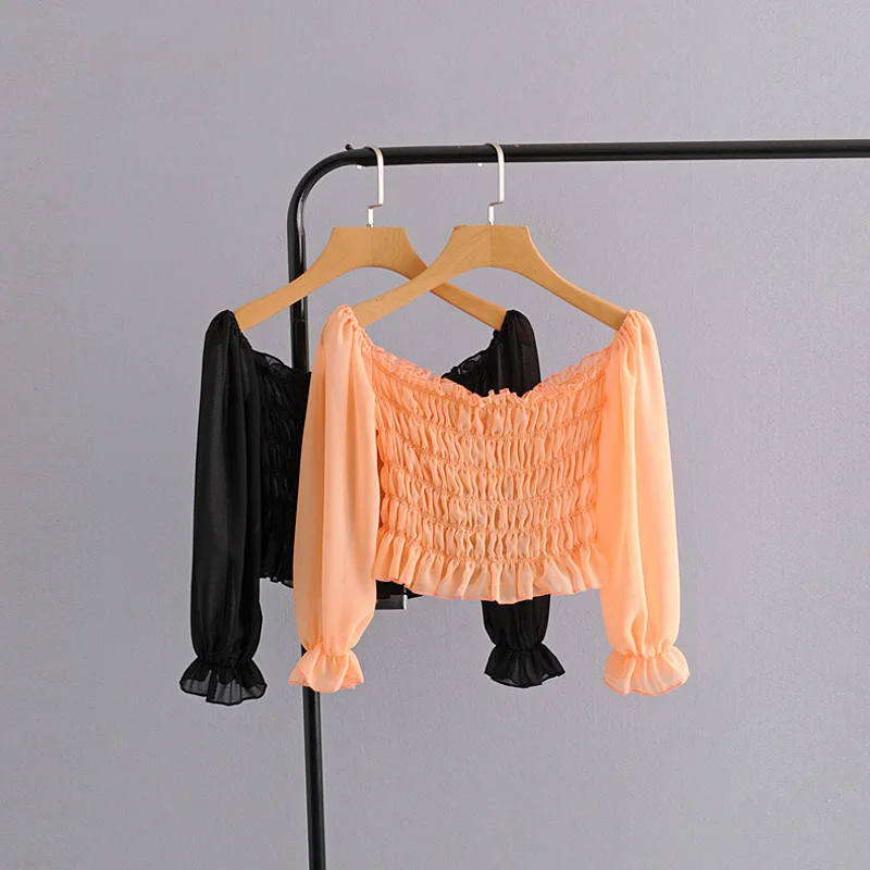 

EAYUCU Sexy Backless Solid Blouses Women Tops Shirt 2020 Ruched Short Square Collar Cropped Tops Slim Hot Streetwear T552