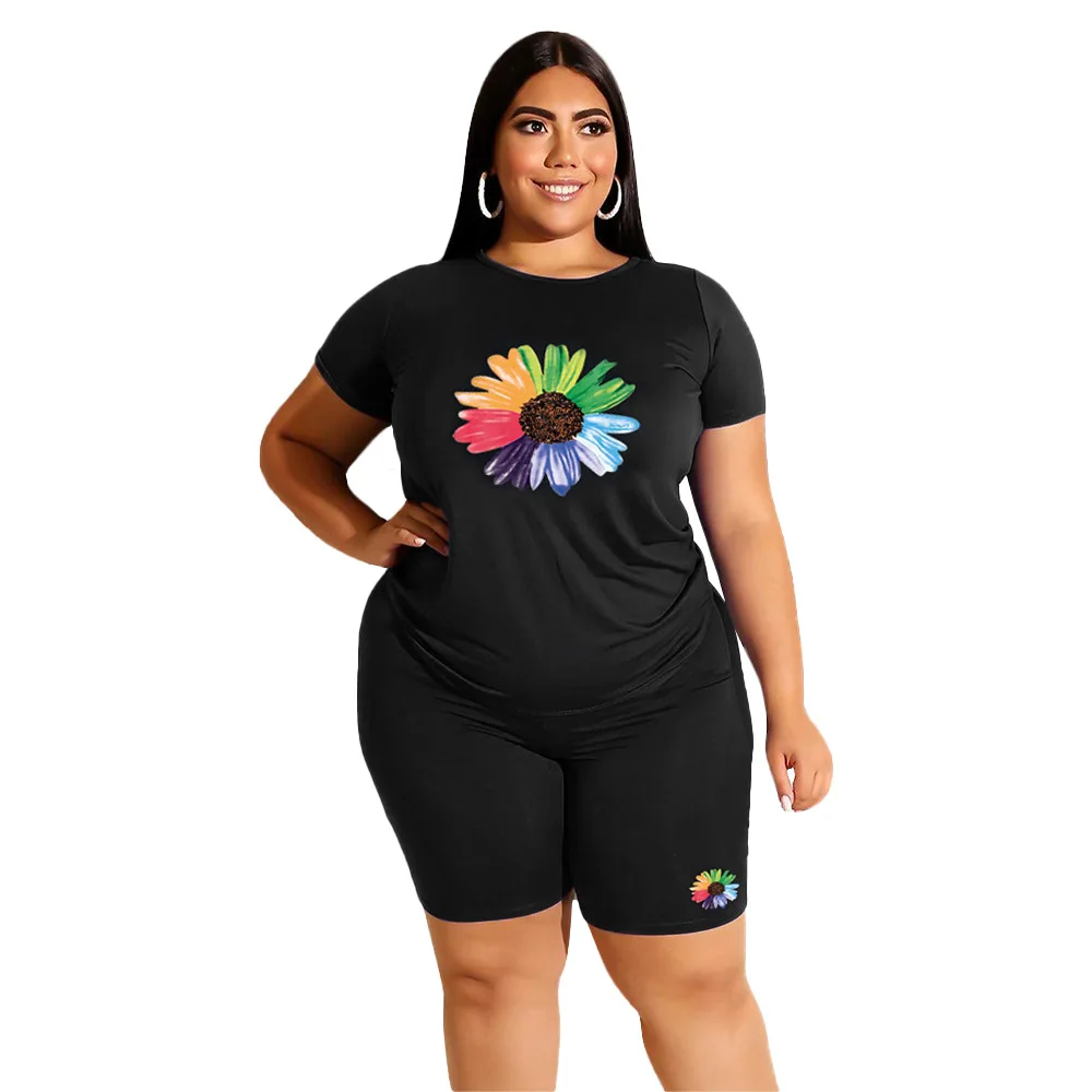 

Floral Printing Women Tracksuits Outfits 2021 Summer Casual O-neck Short Sleeve T-shirts Skinny Biker Shorts Lady Two Piece Set
