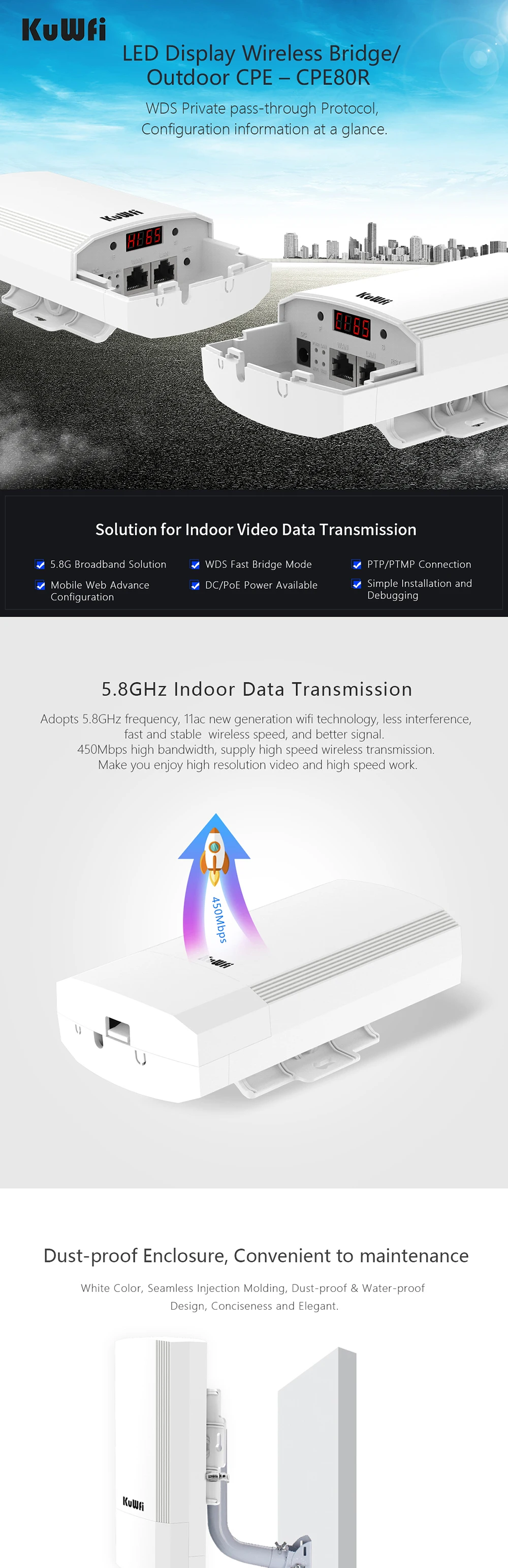 KuWFi Беспроводной маршрутизатор CPE 5G 450M Беспроводной Wi-Fi Мост Внутренний и наружный точка-точка 1-3 км Беспроводной ретранслятор не устанавливается 24 В POE