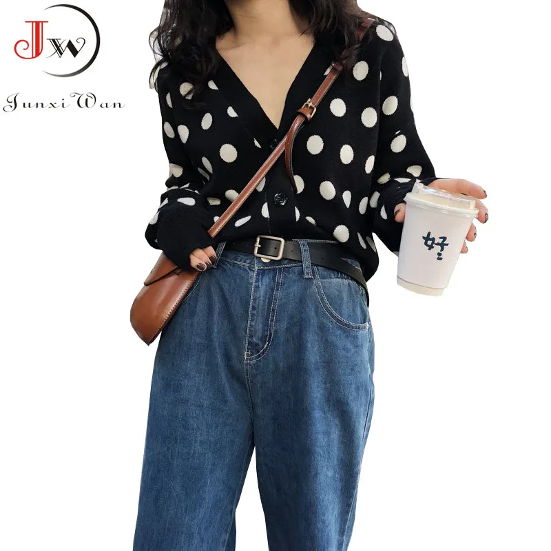 

Women Cardigans Sweater V neck Black Polka Dot Knitwear Casual Knitted Cardigan Outwear Autumn Winter Jacket Coat