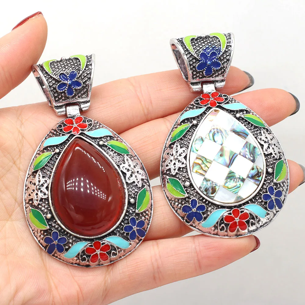 

Ethnic Cloisonne Pendant Natural Stone Crystal Agates Shell Charms Vintage Bohemian Jewelry for Women DIY Necklace Making Gift