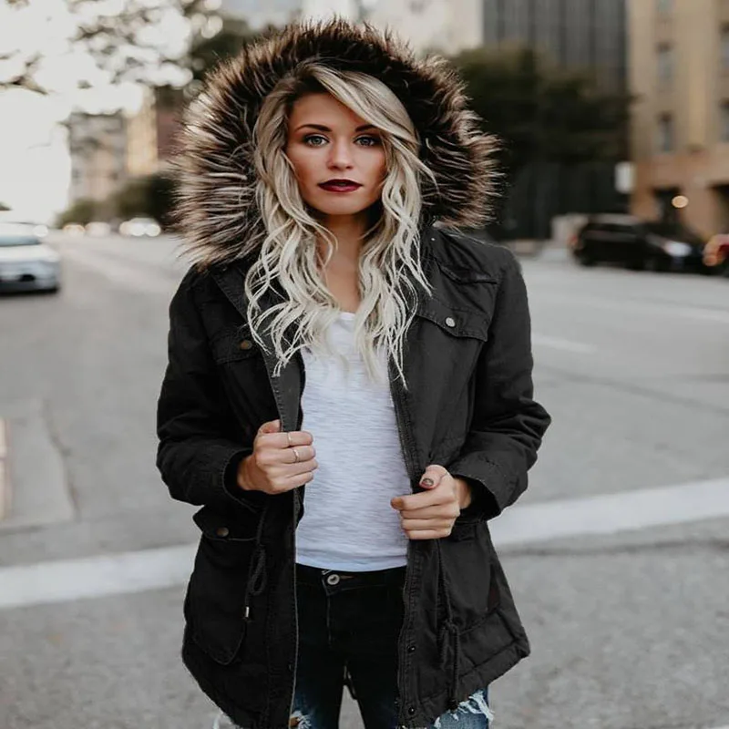 Зимняя джинсовая куртка для женщин с капюшоном хлопковое Женское пальто длинным