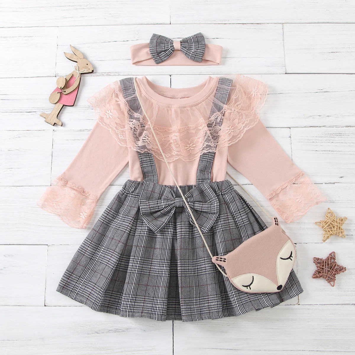 

Girl European and American grid strap bow lace lace skirt pants set cute sweet 1Y-6Y