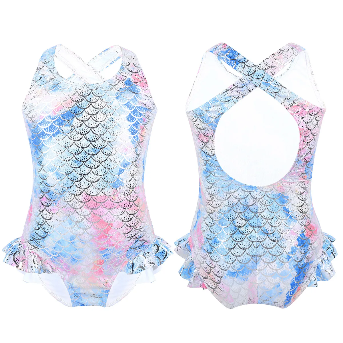 Kids Girls Shiny Mermaid Swimsuits Toddler Sparkly Scales Double Strap Criss Cross Back Swimwear Children's Bathing Suit