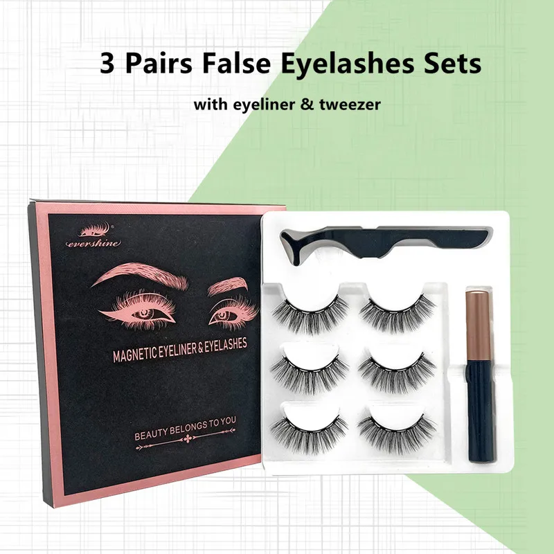 

3 Pairs-Magnetic False Eyelashes Sets with Eyeliner Eyelash Tweezer Professional Fake Eye Lash Extension Makeup Tool
