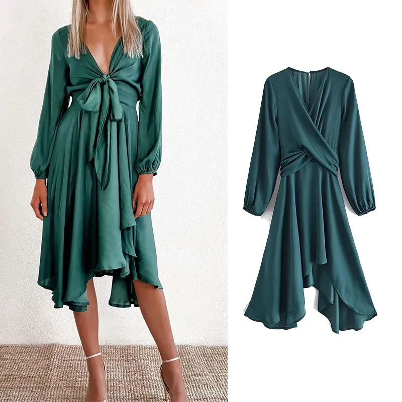 

Осеннее женское атласное кружевное платье PPYQYKX Za 2021, вечерние средней длины с длинным рукавом, вечернее женское шикарное элегантное пикантн...