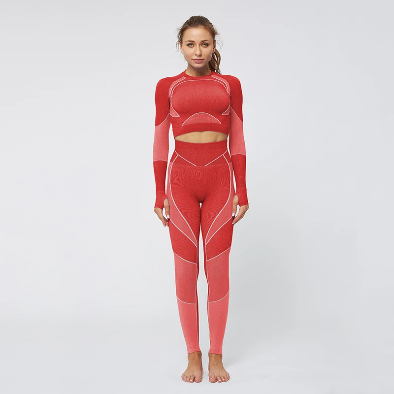 NS-6075 CX TZ Red Kaminsky женский спортивный комплект из двух предметов для фитнеса, бесшовный топ, леггинсы в полоску, тонкие комплекты для тренировок, женский модный спортивный костюм - Цвет: NS-6075 CX TZ Red