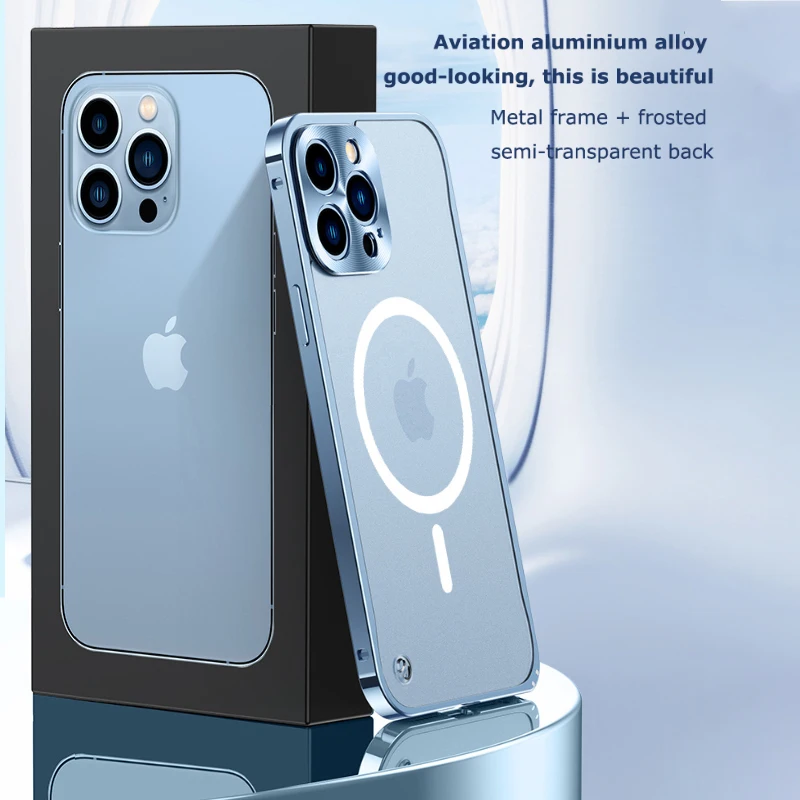 Магнитный чехол из алюминиевого сплава для iPhone 13 12 Pro Max матовый полупрозрачный с