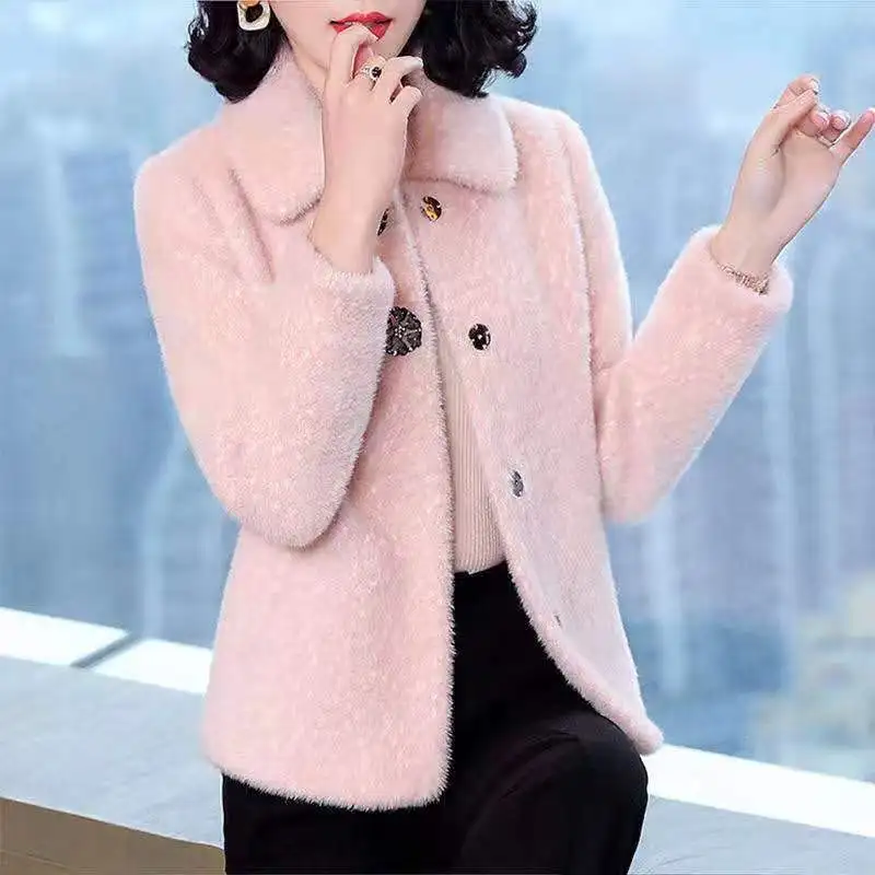 Women 2021 Winter Fashion Short Imitation Mink Velvet Coats Female Thick Warm Cardigan Jackets Ladies Slim Sweater Overcoat M349