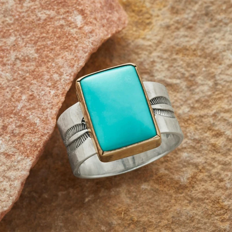 

Boho Ethnic Geometric Turquoises Stone Rings Vintage Jewelry Embossed Pattern Knuckle Finger Z5Z096