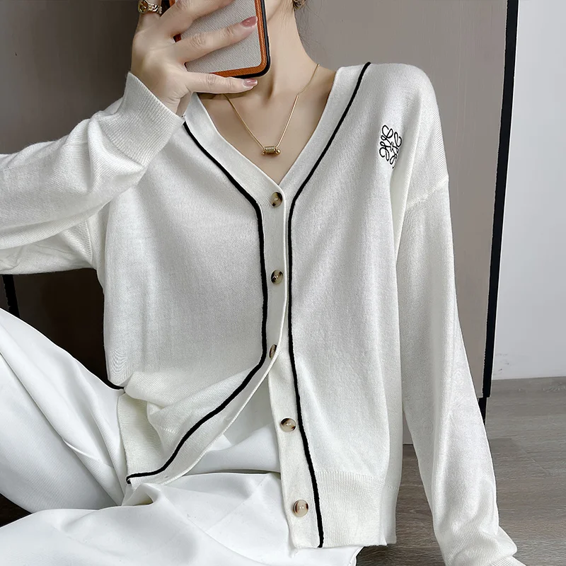 

2021 Spring New Worsted Knit Cashmere Sweater Wild Women's Cardigan Short Large Size V-Neck Pure Wool Coat Long-Sleeved Base Top