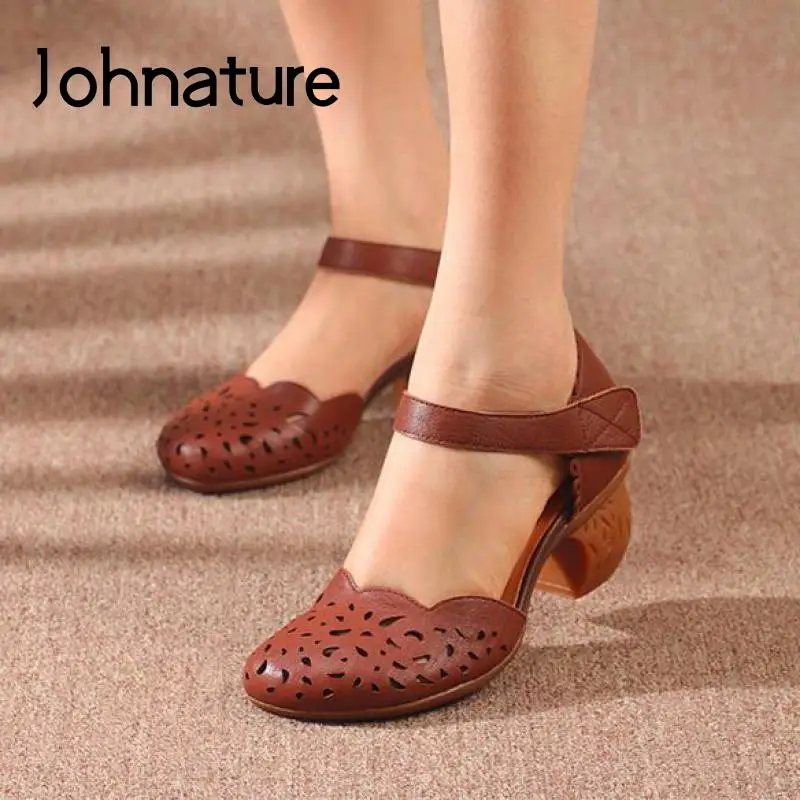 

Johnature Retro Genuine Leather Sandals Women Shoes Hook & Loop 2022 New Summer Handmade Concise Sewing Leisure Ladies Sandals