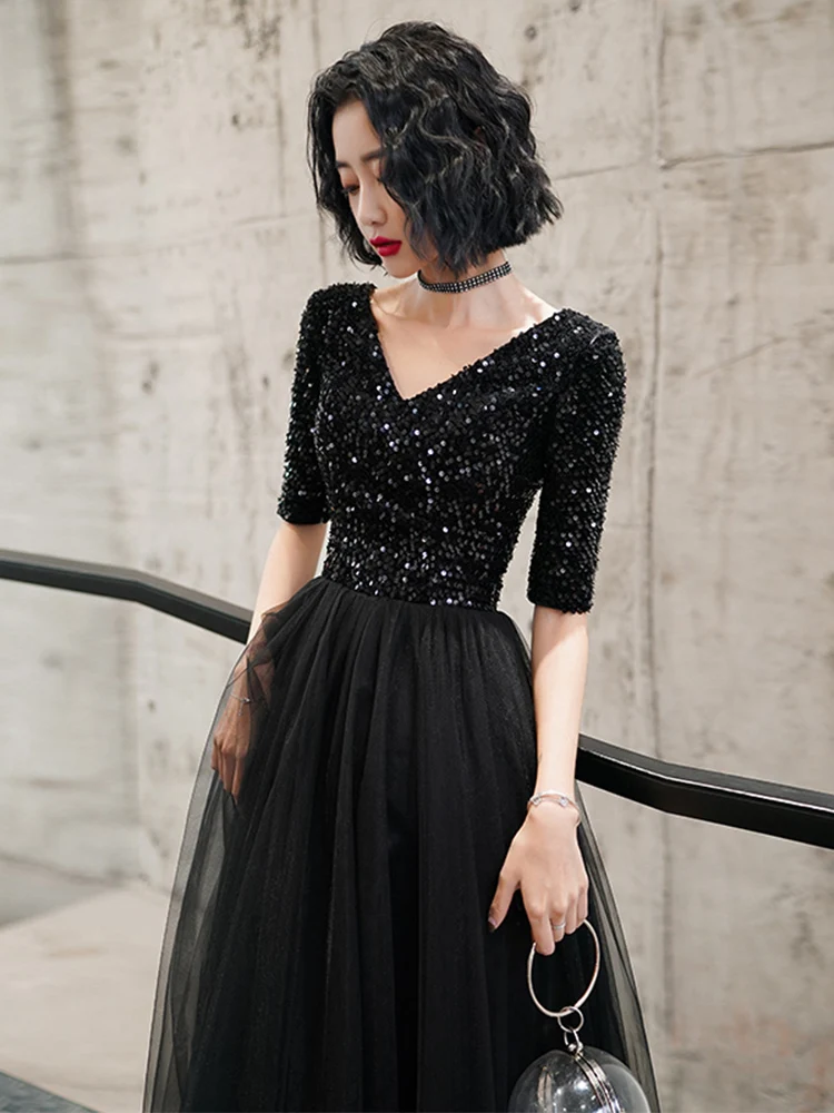 Женское вечернее платье с блестками AE754 черное элегантное длинное V-образным