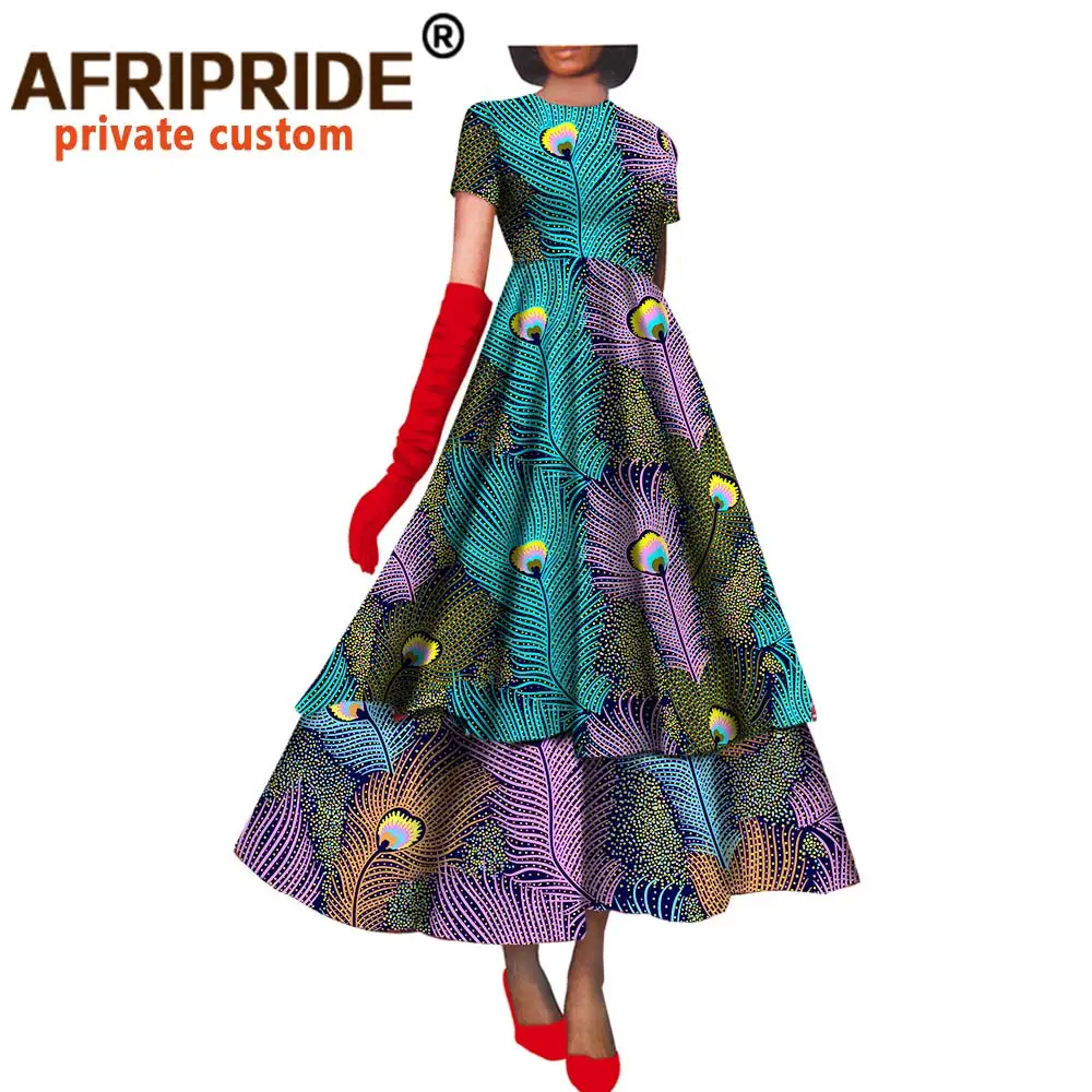 African Dresses for Women Fashion Party Sexy Midi Dress Bazin Riche Printed Clothing Short Sleeve Dashiki Ankara Wear A722502