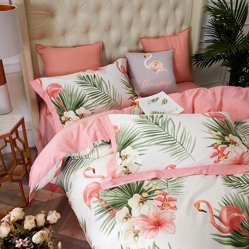 Роскошный комплект постельного белья из 4 предметов белый и розовый Фламинго