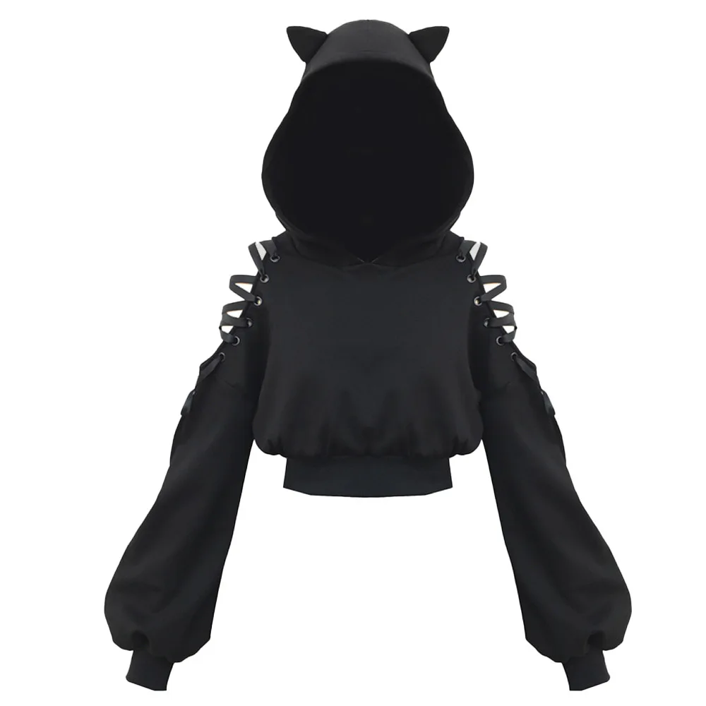 

Velvet Hoodie Gothic Women Hooded With Cute Cat Ears Hollow Short Slim Lantern Sleeve Pullover Female Hoodies Goth Chic Fashion