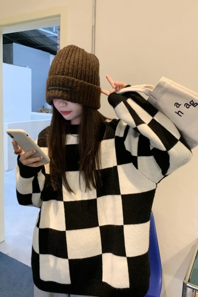 Пуловер в шахматную клетку свитер с круглым вырезом Женская осенне-зимняя