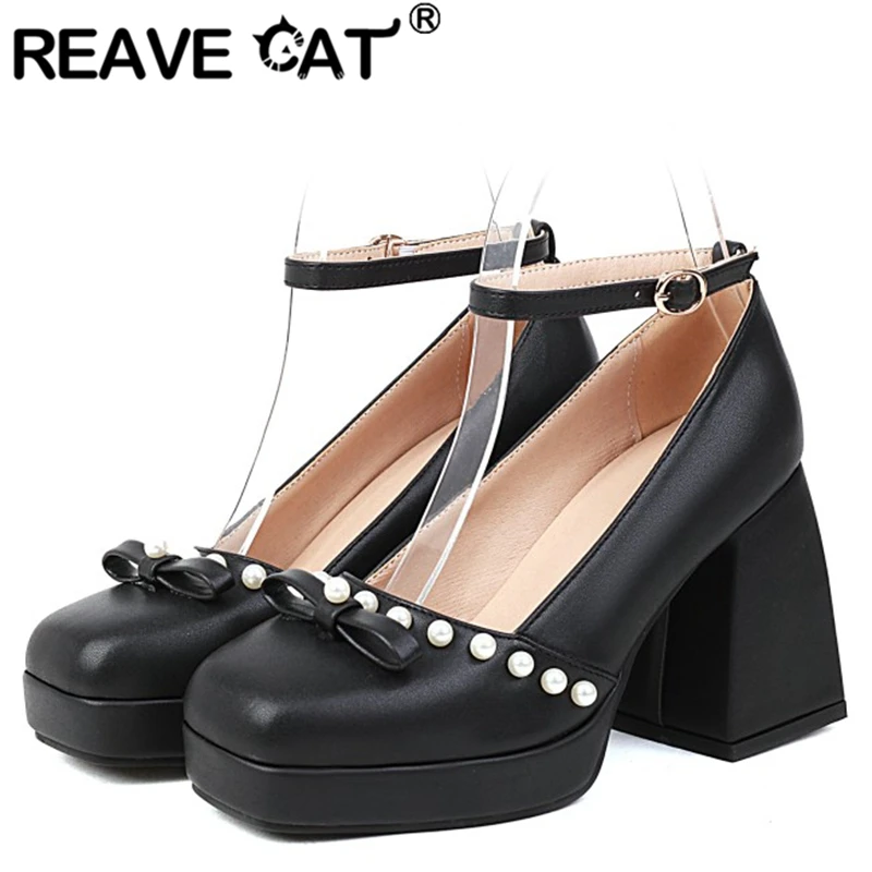 

REAVE CAT Women Square Toe Ankle Strap Chunky Heels Platform Pumps Bowtie With Charm Plus Size 34-47 Black White Spring A4606