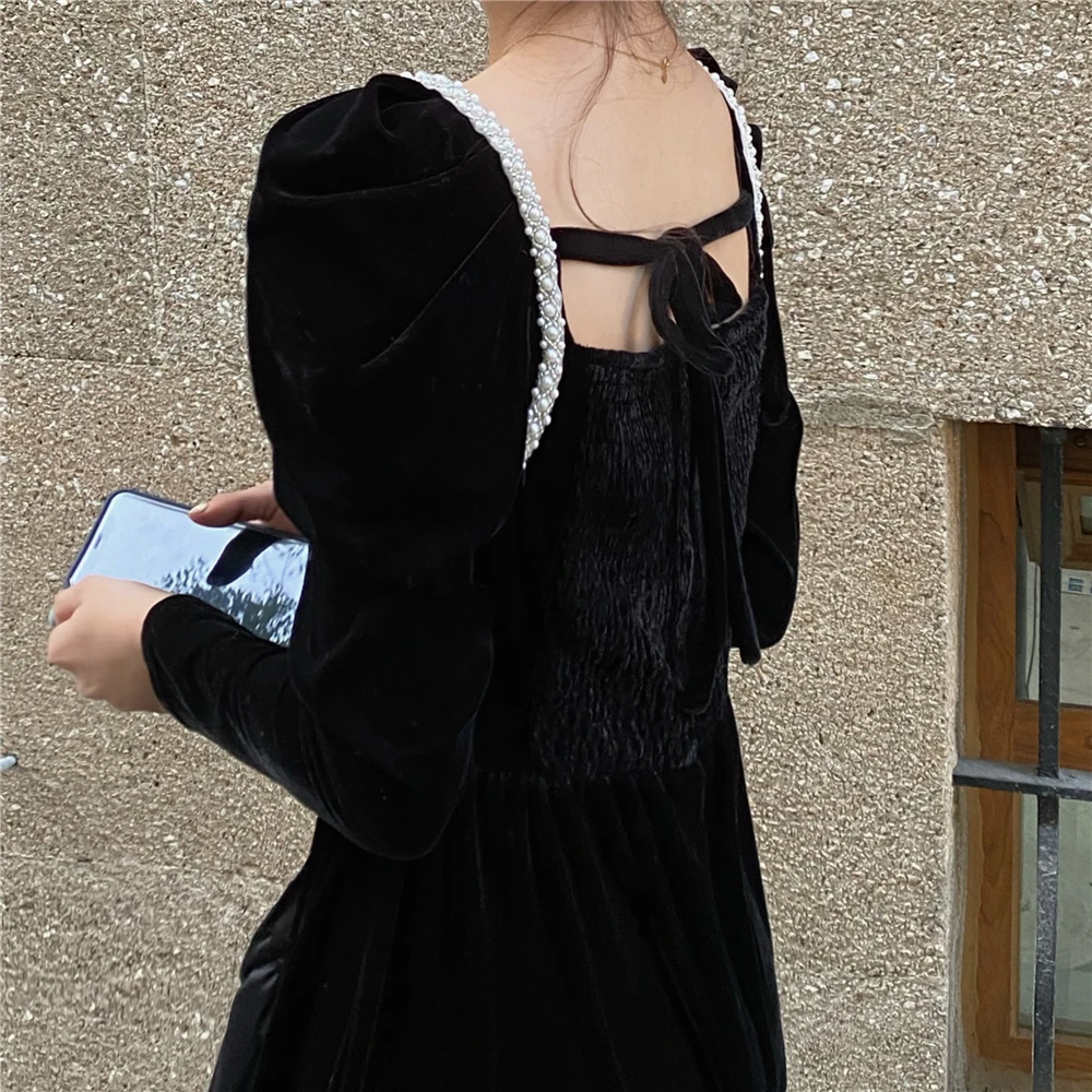 

Korean Chic Elegant Graceful Backless Inspirational Design Dress Pearl Square Collar Design French Hepburn Style Black Dress