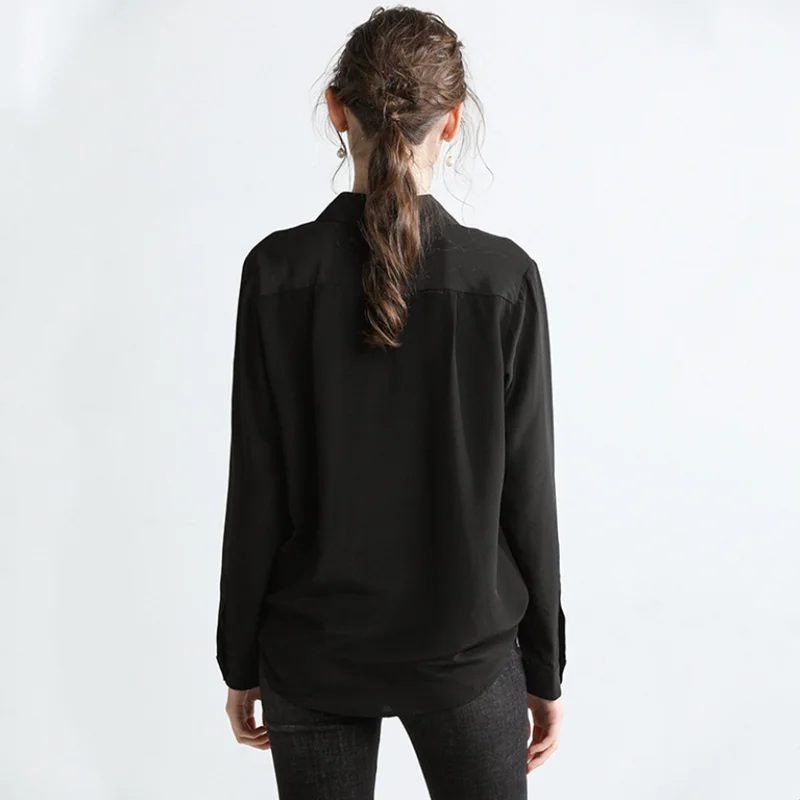 

New style 100% real silk lady shirt 14mm mulberry silk overshirt female solid color black long sleeve blouse woman bottoming top