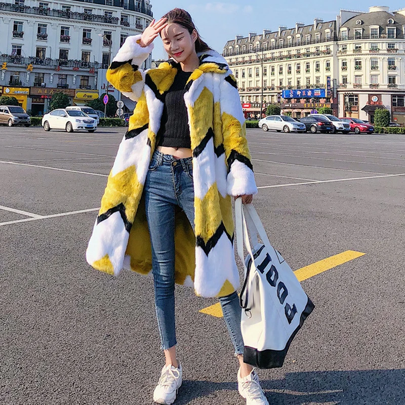 

Korean 2020 winter women thick warm long faux fur coats wave stripe yellow white color block turn down collar overcoats A123