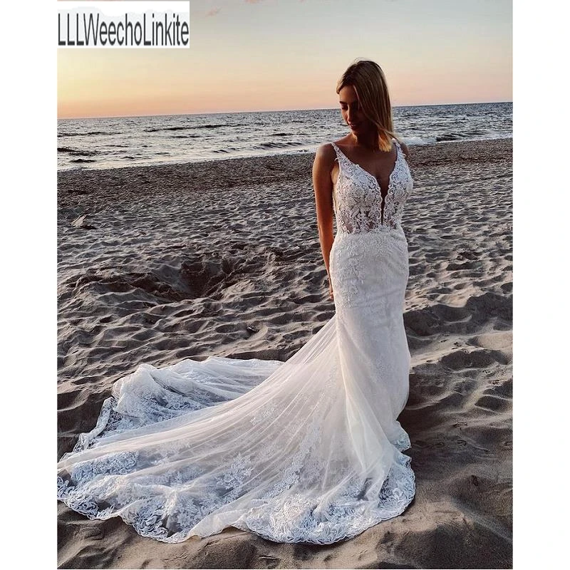 

Белое кружевное свадебное платье с юбкой-годе, шлейфом и V-образным вырезом, без рукавов, на заказ, свадебное платье Русалка