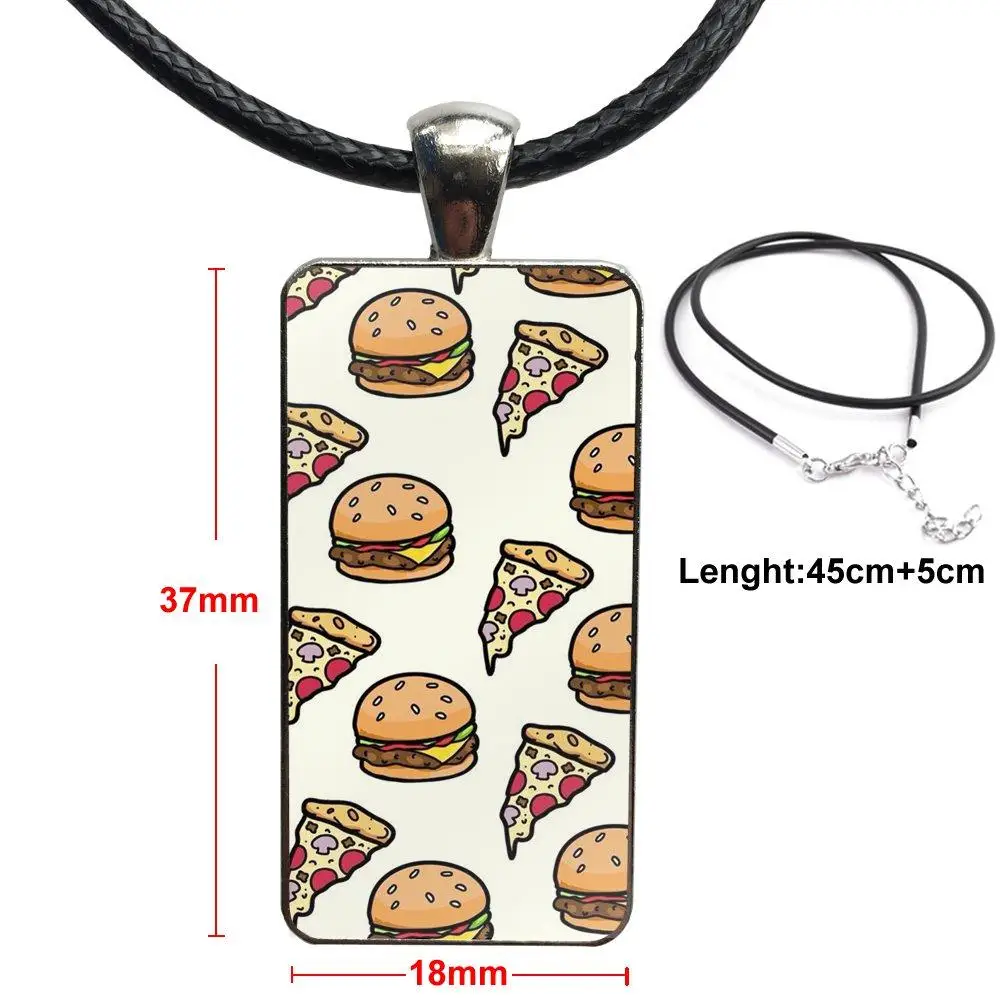 

Cake Pizza Hamburger Jewelry With Steel Plated Glass Cabochon Choker Long Pendant Rectangle Necklace For Men Women Party Gift