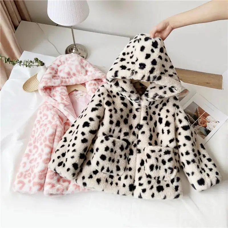 

Leopard Faux Fur Coat Thick Baby Girl Winter Add Cotton Clothes Kids Jacket Coat Hooded Jackets Outerwear Teen Children Clothing