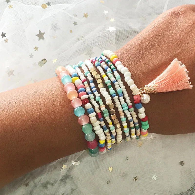 Богемные женские Многослойные браслеты с кристаллами цветной круглый бисером