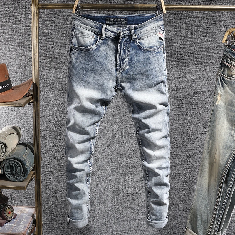 Европейские винтажные модные мужские джинсы в стиле ретро светло-голубые Эластичные зауженные рваные джинсы мужские дизайнерские повседн...