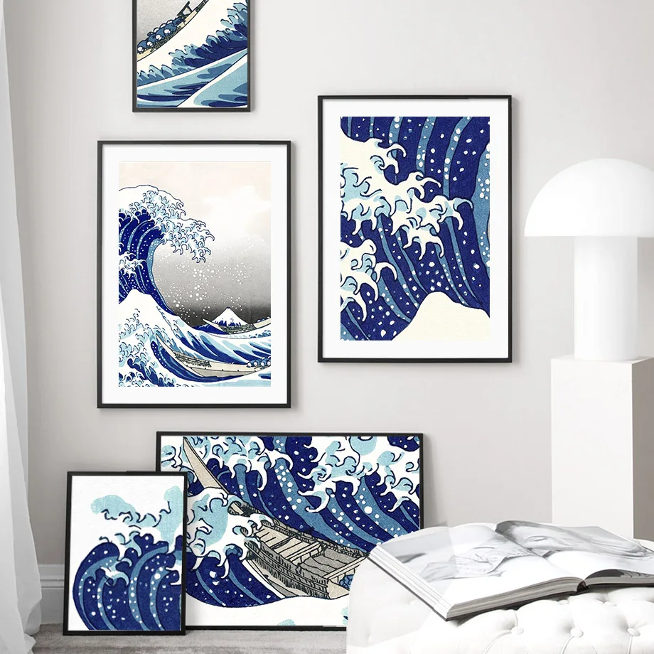 

Japanese Style Ocean Waves Canvas Painting Surfing Boat Mountain Wall Art Retro Posters and Prints Picture for Living Room Decor