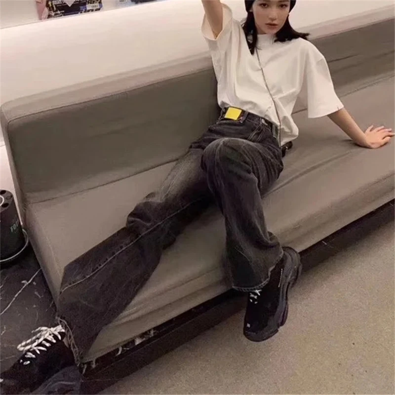 

High Waist Slit Jeans Loose Slimming Twisted Leather Versatile Casual Straight Leg Mop Non Stretch Straight Leg Fashion Pants