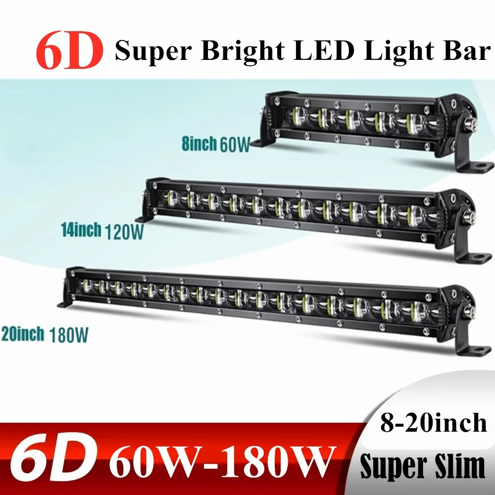 

6D Lens Super Slim Led Light Bar 60W 120W 180W For Car Tractor Suv Truck Boat 4WD 4x4 Offroad ATV Led Work Lights Driving Lamp