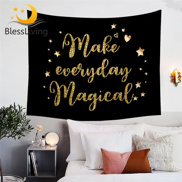 BlessLiving Golden Letters Tapestry Wall Hanging Glitter Decorative Wall Carpet Luxury Bedspreads Magic Wall Blanket Sheets 1