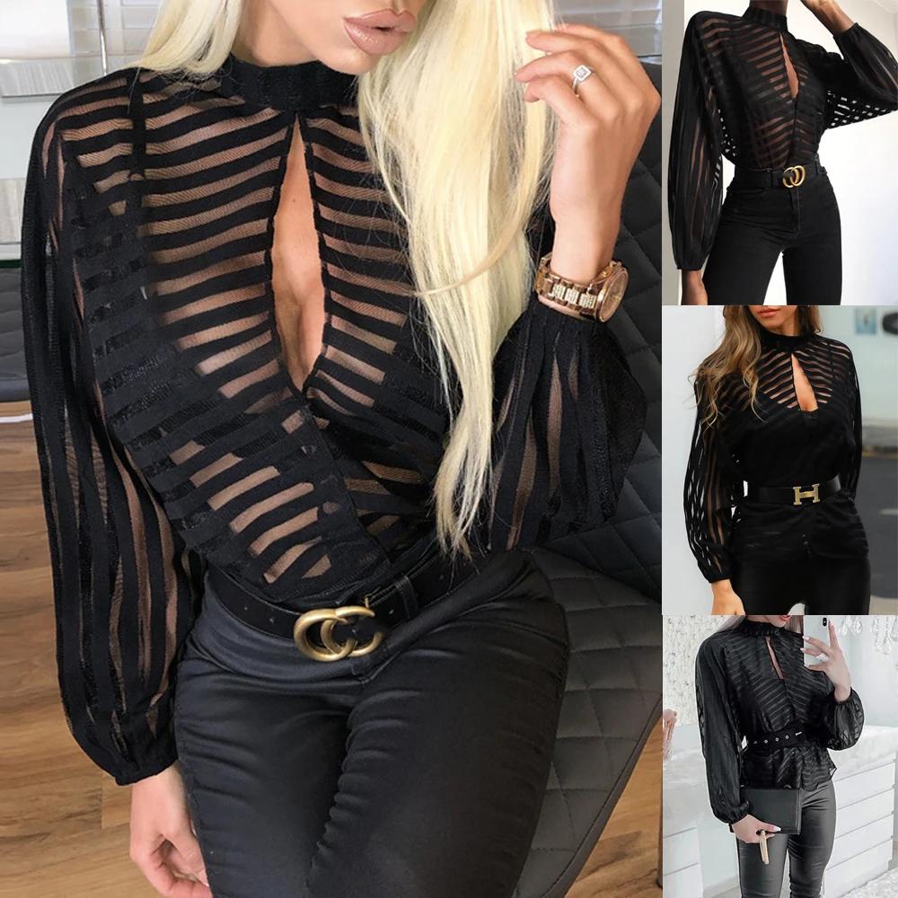 

2020 Spring Summer Womens Long Sleeve V-neck Backless Sexy Black Mesh See Through Top T-Shirts Punk Club Streetwear Tees Tops