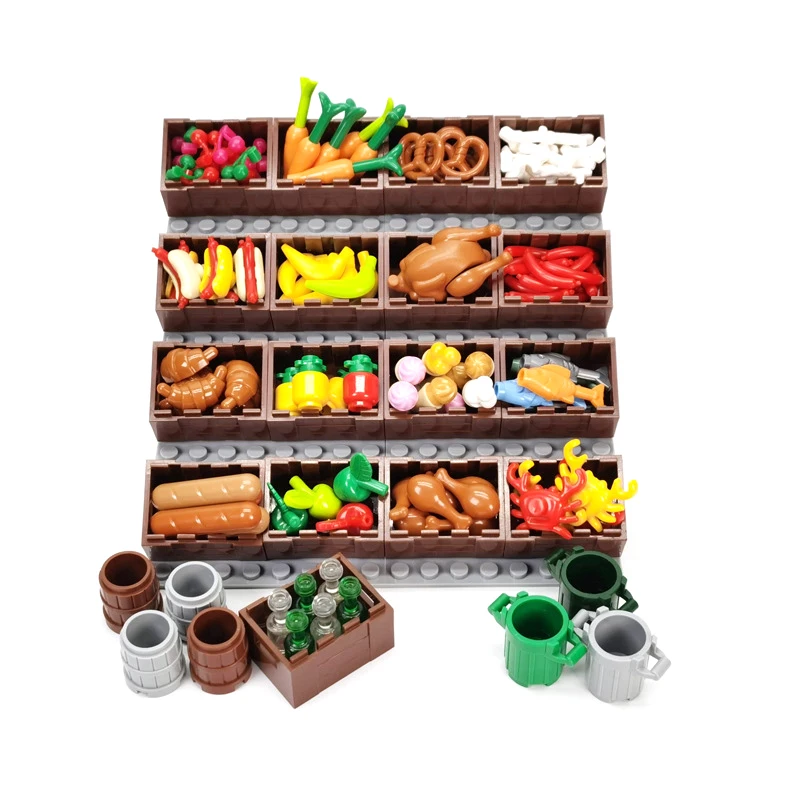 

DIY Building Blocks Food display Stand Bread Fish Fruit Roast Chicken Toys MOC Parts City Accessory Bricks Compatible All Brands