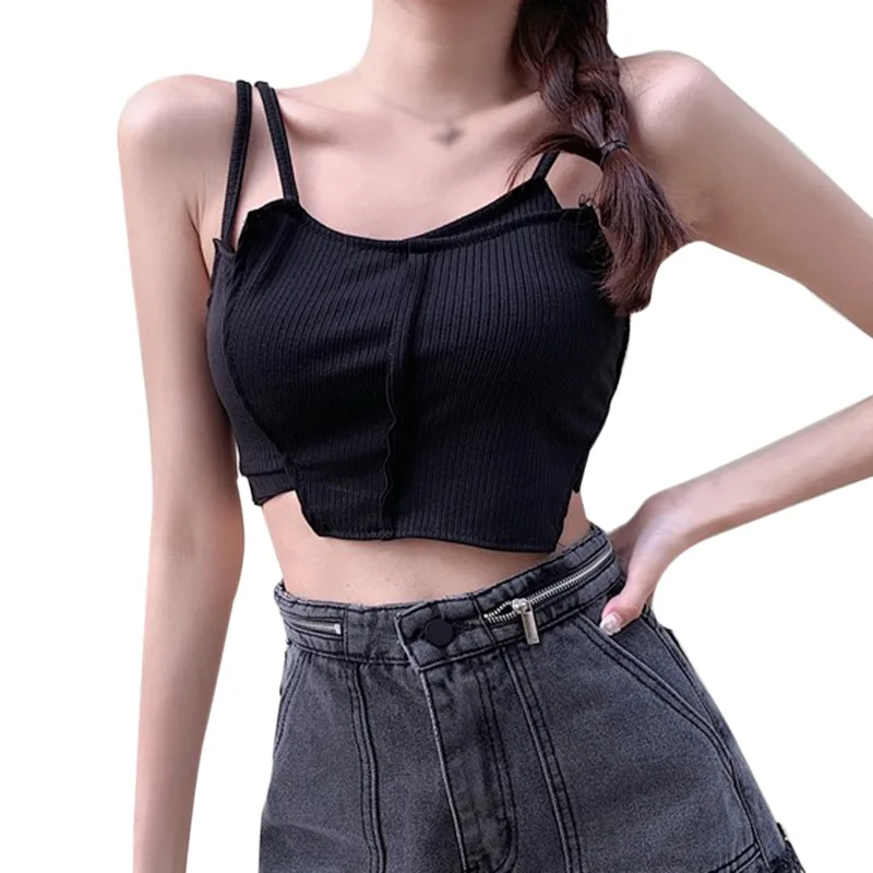

Women Summer Sexy Tees Exposed Navel Knitted Camisole Casual Tank Tops Irregular Solid Slim Camis