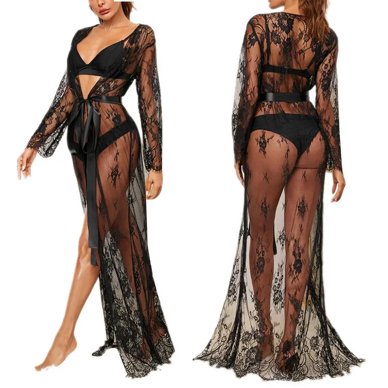 Women Black Lace Bikini Cover Up Summer Sexy Transparent Kimono Boho Beach Long Maxi Dress Sheer Loose Kaftan Tunic Swimsuit | Женская