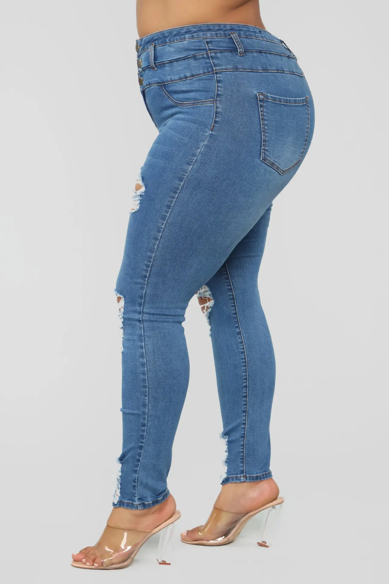 

Europe and America Large Size Female Hole High Waist Stretch Jeans