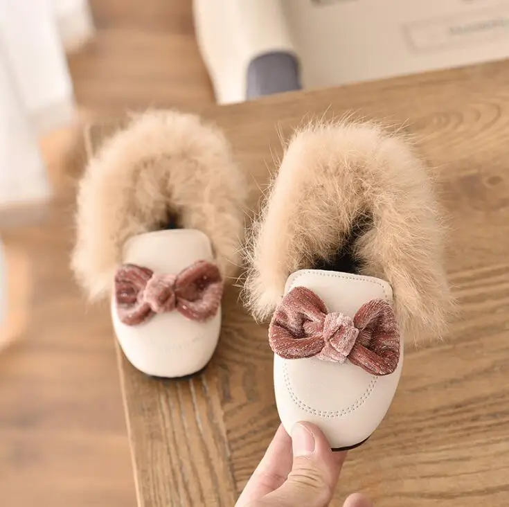 Детские кожаные туфли с бантом и теплым хлопком лоферы на толстой мягкой меховой