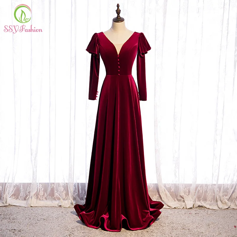 

Женское вечернее платье до пола SSYFashion, винтажное велюровое платье с V-образным вырезом и длинным рукавом, элегантное банкетное платье винно...