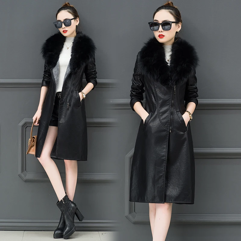 Winter pu leather women 2019 New slim long Faux leather coat large fur collar windbreaker coat Thicken popular Womens coats