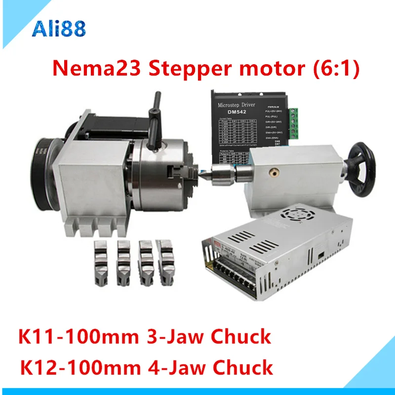 

Nema 23 stepper motor (6:1) K12-100mm 4-Jaw Chuck/K11-100mm 3-Jaw Chuck CNC 4th axis A aixs rotary +tailstock for cnc router