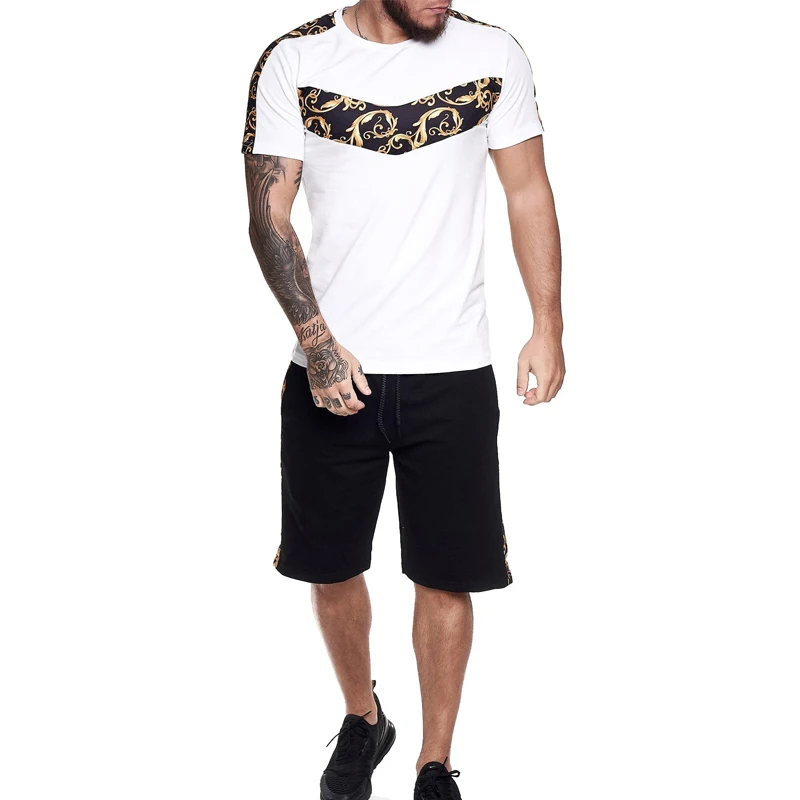 

Men's fitness sports short sleeve suit outdoor sports leisure color contrast leopard fashion boutique suit men