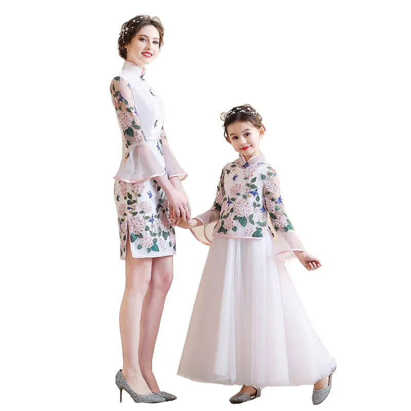 

Parent Child Mother Daughter Party Dress Chinese Style Improved Cheongsam Hanfu Spring Summer Model Show Performance Dresses