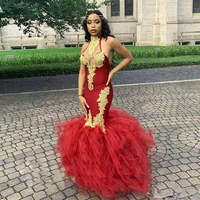 sexy gold lace african mermaid prom dresses backless bottom ruffles trumpet evening dress black girls formal party gowns 2021